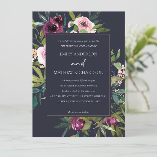 BRIGHT NAVY BLUSH BURGUNDY FLORAL BUNCH WEDING KAART (Staand voorkant)