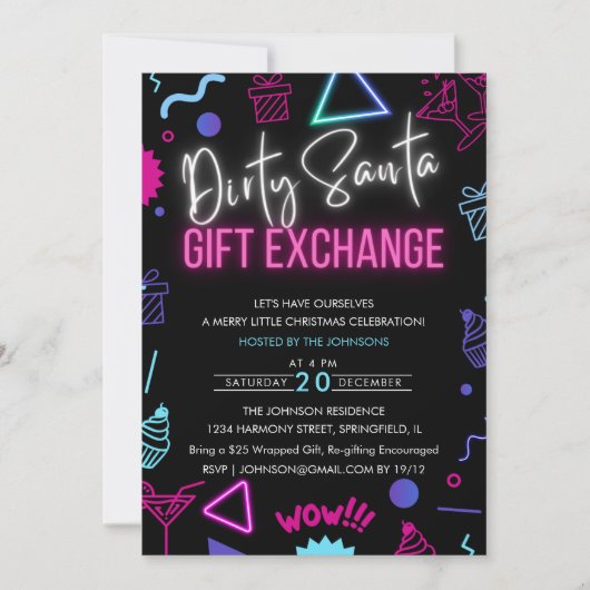 Bright Neon Dirty Santa Gift Exchange Party Kaart (Voorkant)