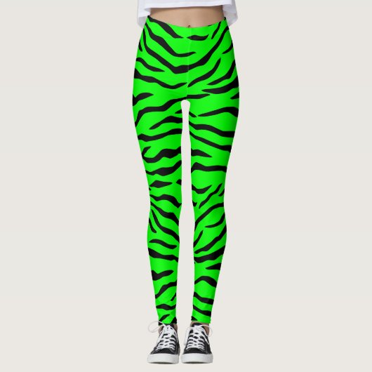 Bright Neon Green en Black Tiger Stripes Leggings (Voorkant)