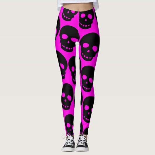 Bright Neon Hot Pink Gothic Grote Print Schedels Leggings (Voorkant)