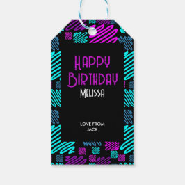 Bright Neon Paarse Blauw Geometrisch Verjaardag Cadeaulabel