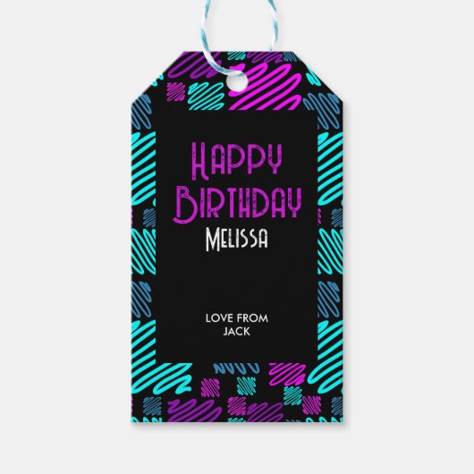 Bright Neon Paarse Blauw Geometrisch Verjaardag Cadeaulabel (Voorkant)