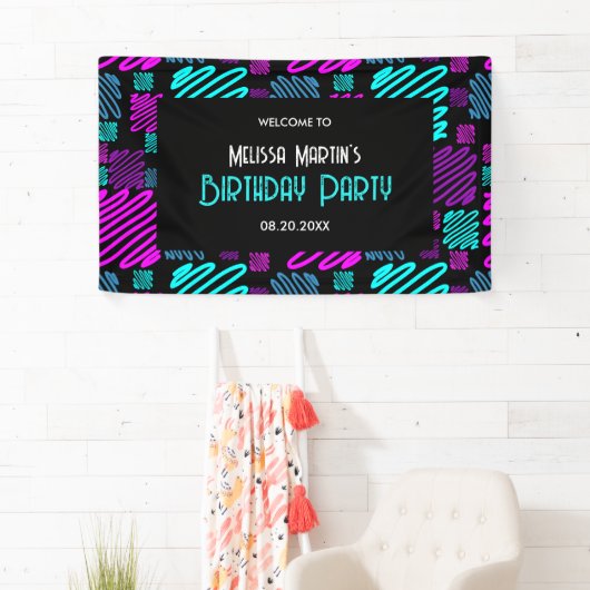 Bright Neon Paarse Blauwe Geometrische Verjaardag Spandoek (Insitu)