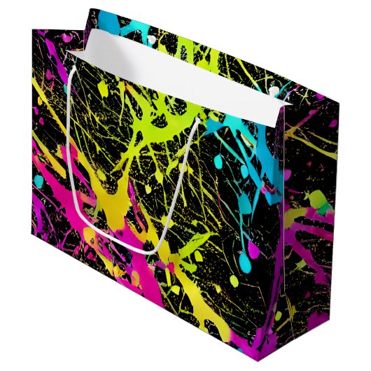 Bright Neon Paint Splatter Groot Cadeauzakje (Voorkant Gekanteld)