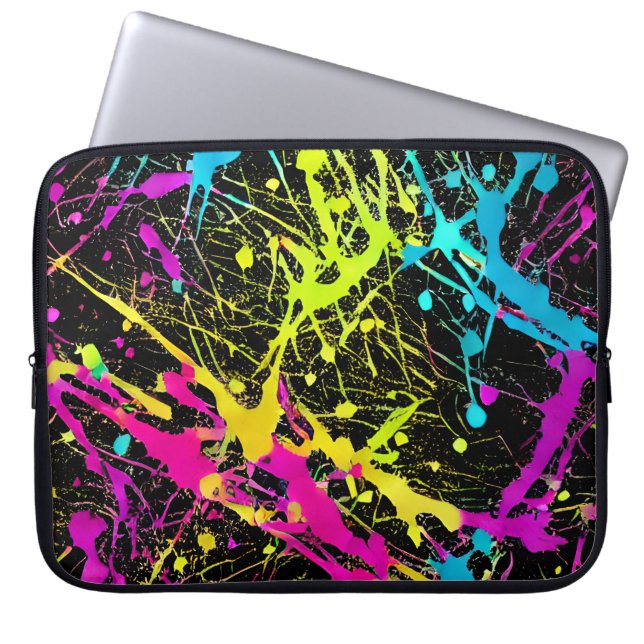 Bright Neon Paint Splatter Laptop Sleeve (Voorkant)