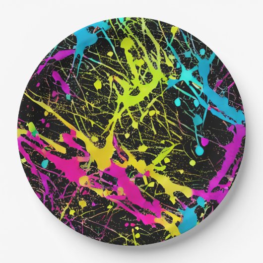 Bright Neon Paint Splatter Papieren Bordje (Voorkant)