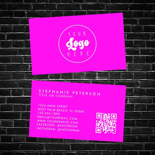 Bright Neon Pink Custom Company Logo QR Code Visitekaartje
