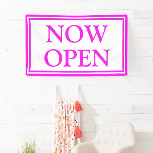 Bright Neon Pink White Business nu open Spandoek (Insitu)