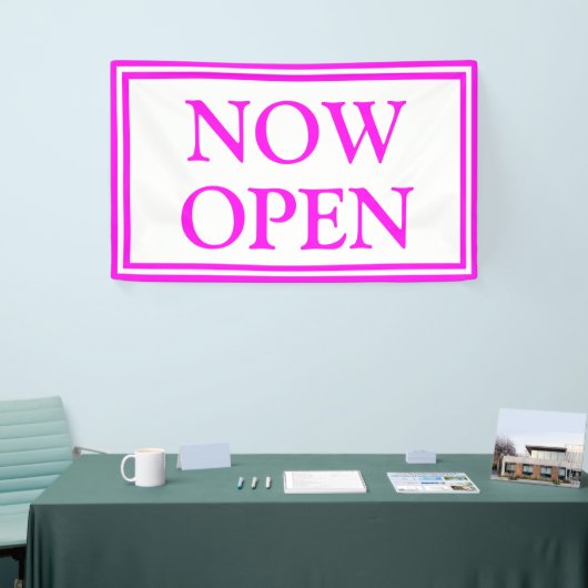 Bright Neon Pink White Business nu open Spandoek (Beurs)
