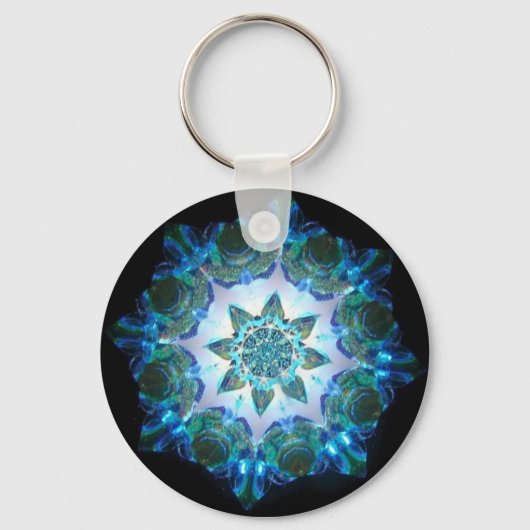 Bright Neon Starburst Kaleidoscoop in blauw Sleutelhanger (Voorkant)