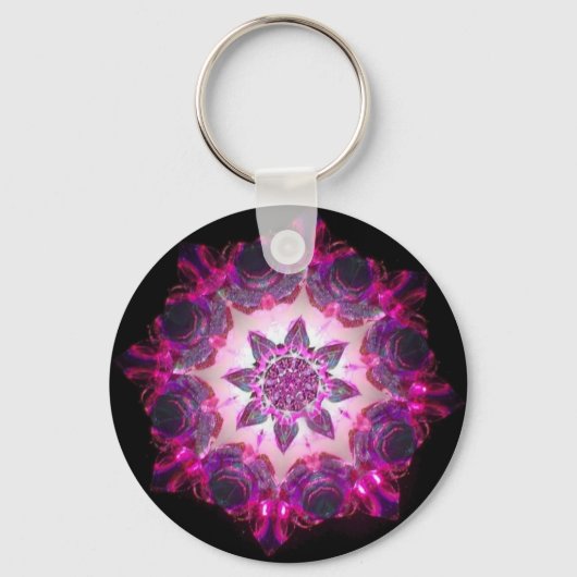 Bright Neon Starburst Kaleidoscoop in roze/Paars Sleutelhanger (Voorkant)