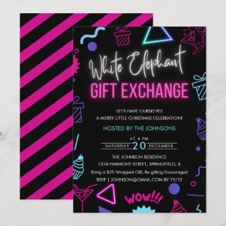 Bright Neon White Elephant Gift Exchange Party Kaart