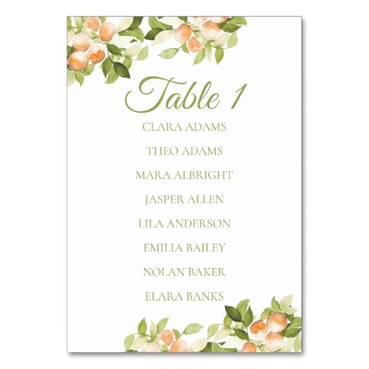 Bright Orange Citrus Numeric Seating Chart Kaart (Voorkant)