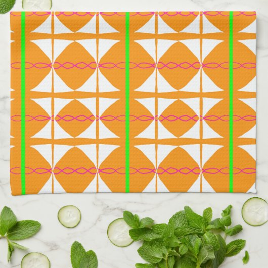 Bright orange, green, white abstract tea towel theedoek (Gevouwen)