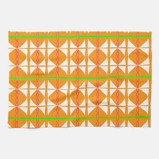 Bright orange, green, white abstract tea towel theedoek (Horizontaal)