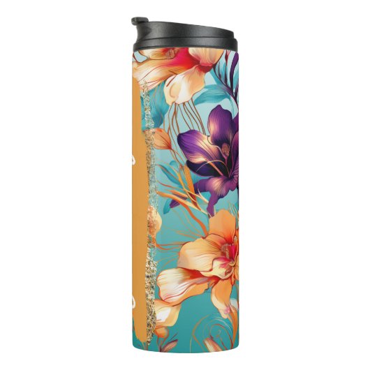 Bright Orchid Floral Naam toevoegen Aangepast gesc Thermosbeker (Geroteerd rechts)