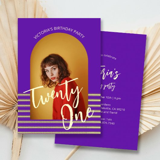 Bright Paarse boog foto 21e verjaardagsfeest Kaart