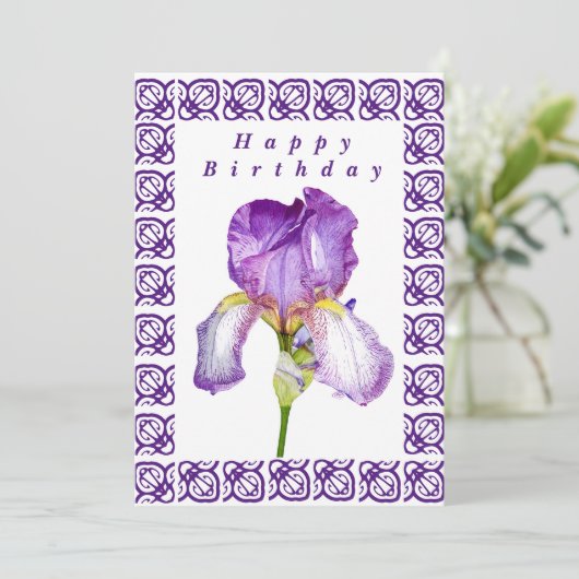 Bright Paarse Iris Happy Birthday Flat Kaart (Staand voorkant)