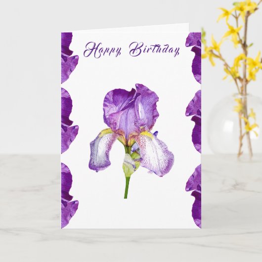 Bright Paarse Iris Happy Birthday Folded Kaart (Gele Bloem)
