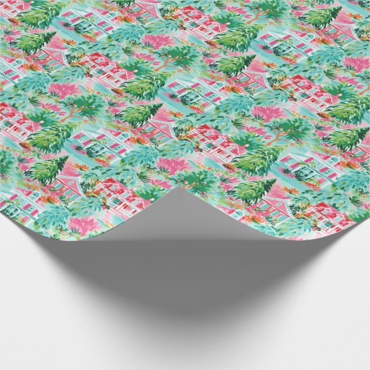 Bright Palm Beach Kerst Huizen Waterverf Cadeaupapier (Hoek)