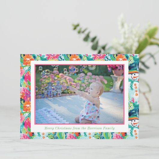 Bright Palm Beach Kerstmis Sneeuwman Foto Feestdagenkaart (Staand voorkant)