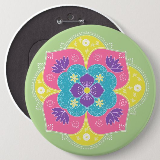 Bright pastel Lotus Rangoli Ronde Button 6,0 Cm (Voorkant /achterkant)