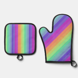Bright Pastel Rainbow Stripe Ovenwant & Pannenlap Set