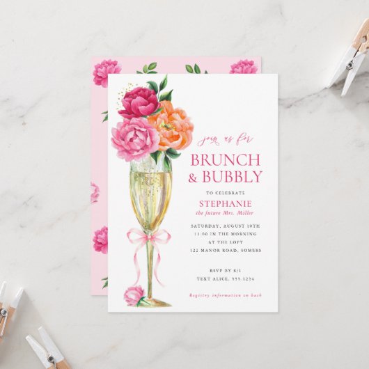 Bright Peony w/QR Code on Back, Brunch and Bubbly  Kaart (Voorkant / Achterkant in situ)