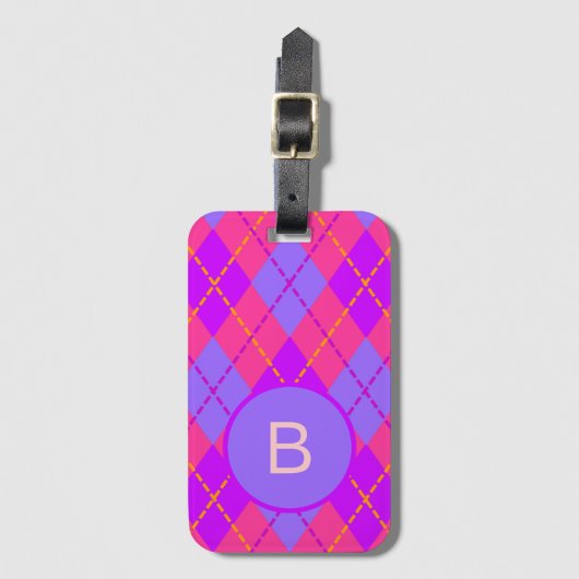 Bright Pink and Blue Argyle Pattern Monogram Bagagelabel (Voorkant (verticaal))