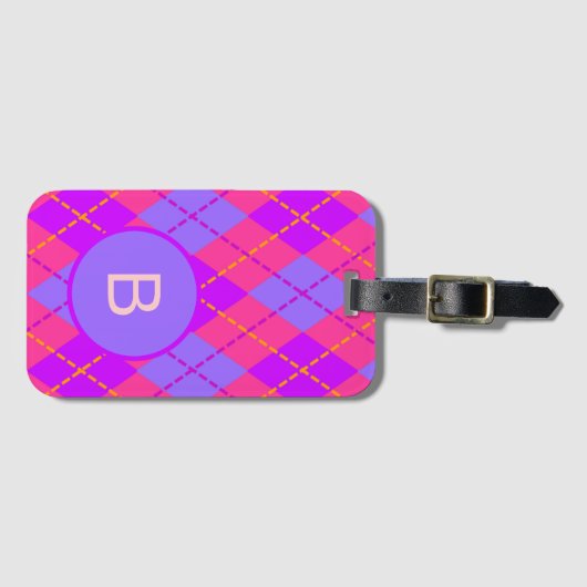 Bright Pink and Blue Argyle Pattern Monogram Bagagelabel (Voorkant (horizontaal))