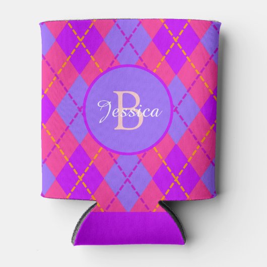 Bright Pink and Blue Argyle Pattern Monogram Blikjeskoeler (Voorkant)