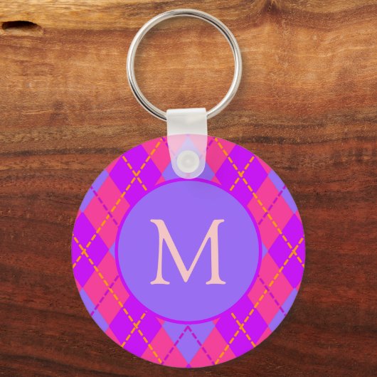 Bright Pink and Blue Argyle Pattern Monogram Sleutelhanger (Achterkant)