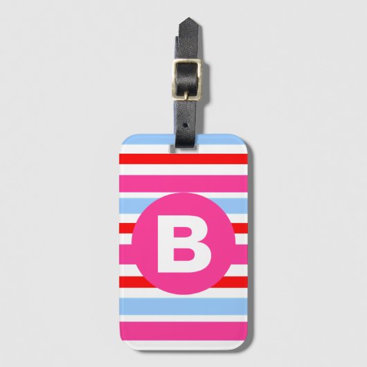 Bright Pink and Blue Candy Stripes Monogram Bagagelabel (Voorkant (verticaal))