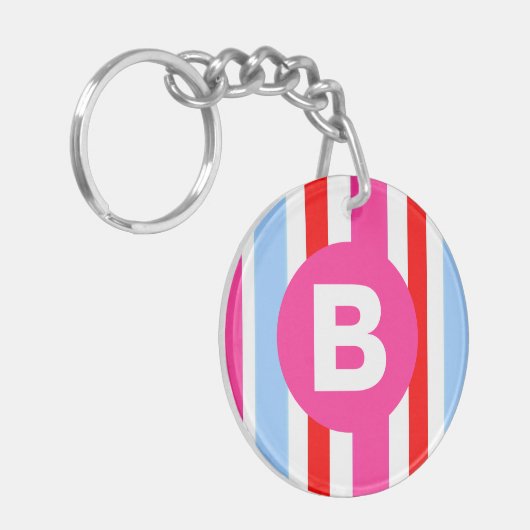 Bright Pink and Blue Candy Stripes Monogram Sleutelhanger (Voorkant Links)