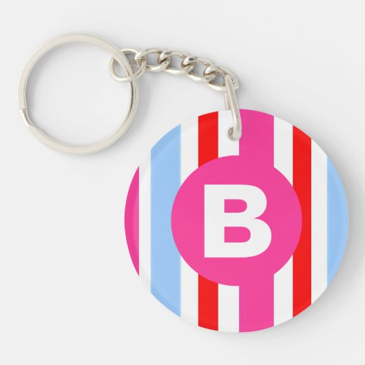 Bright Pink and Blue Candy Stripes Monogram Sleutelhanger (Voorkant)
