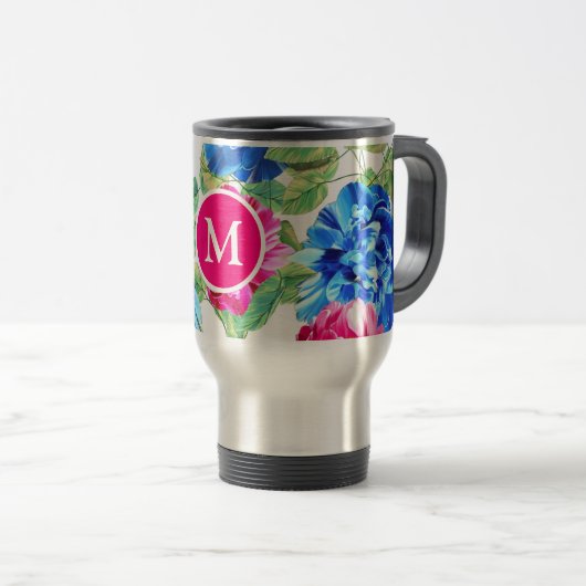 Bright Pink and Blue Floral Pretty Monogrammed Reisbeker (Voorkant rechts)