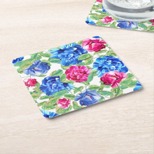 Bright Pink and Blue Floral Pretty Pattern Kartonnen Onderzetters (Schuin)