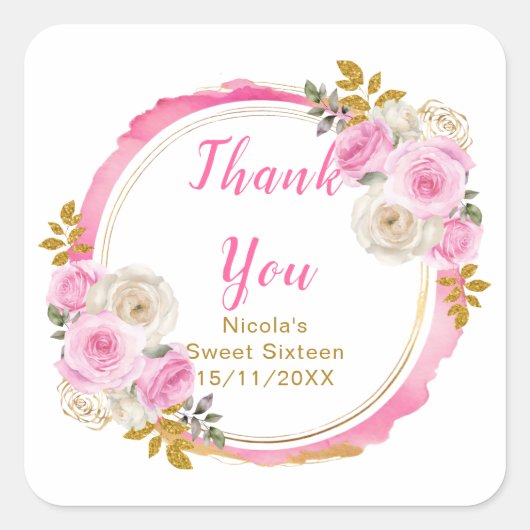 Bright Pink and Gold Elegant Flowers Sweet Sixteen Vierkante Sticker (Voorkant)