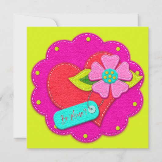 Bright Pink and Peridot Felt Style Heart Flower  Kaart (Voorkant)