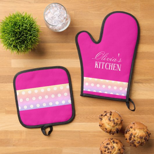 Bright Pink and Pola Dots  Ovenwant & Pannenlap Set (Top down)