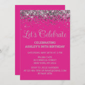 Bright Pink and Silver Glitter 30th Birthday Party Kaart (Voorkant / Achterkant)