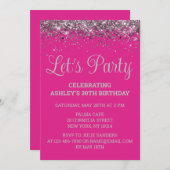 Bright Pink and Silver Glitter 30th Birthday Party Kaart (Voorkant / Achterkant)