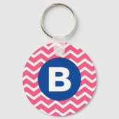 Bright Pink and White Chevron Pattern Monogram Sleutelhanger (Voorkant)