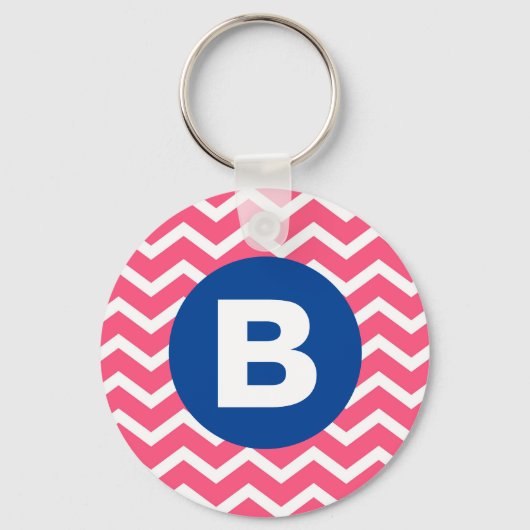 Bright Pink and White Chevron Pattern Monogram Sleutelhanger (Voorkant)