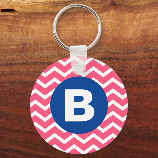Bright Pink and White Chevron Pattern Monogram Sleutelhanger (Achterkant)