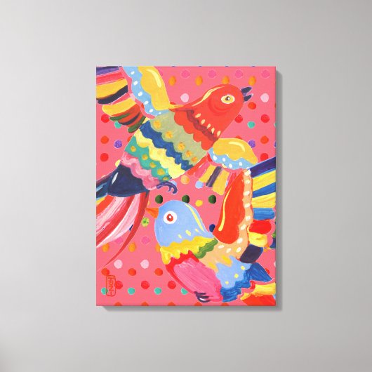 Bright Pink Birds, Stippen Kleurrijke Abstracte Fo Canvas Afdruk (Voorkant)