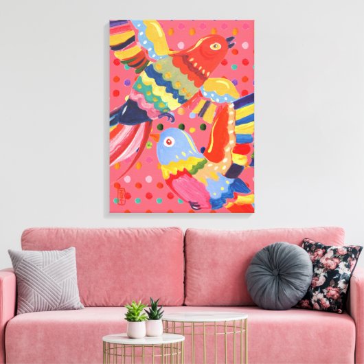 Bright Pink Birds, Stippen Kleurrijke Abstracte Fo Canvas Afdruk (Insitu (Woonkamer))