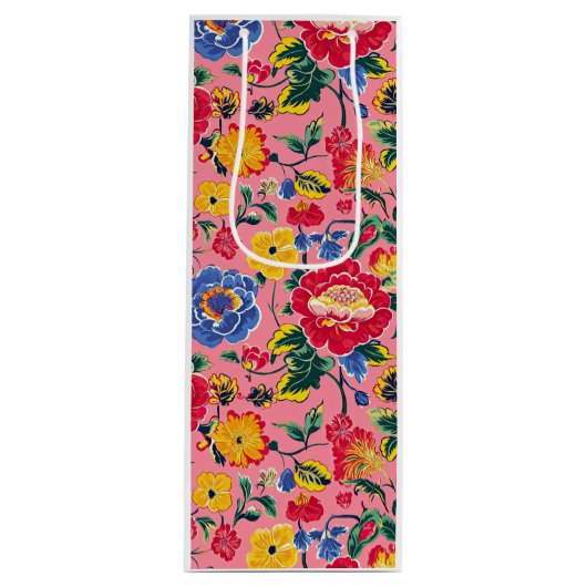 Bright Pink Chinoiserie Floral Wijn Cadeautas (Voorkant)