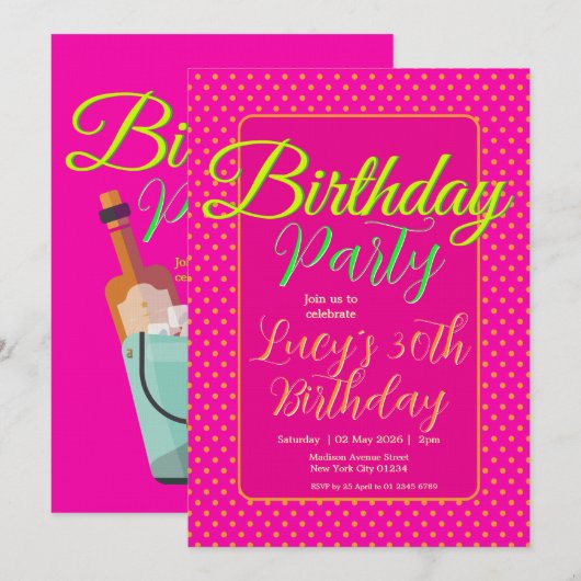 Bright Pink Custom Birthday Party Kaart (Voorkant / Achterkant)