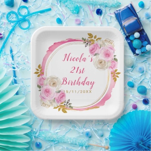 Bright Pink en Gold Elegant Bloemen Verjaardagsfee Papieren Bordje (Feest)